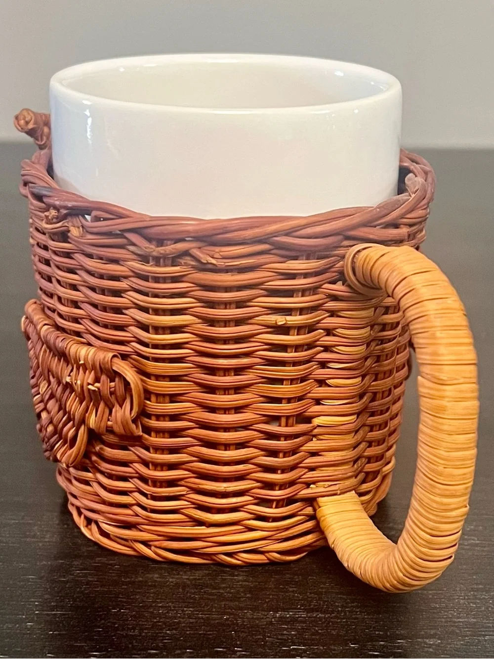 VTG 70s Wicker Ratan Owl Coffee Mug Cup Holder Planter Boho Decor Cottagecore